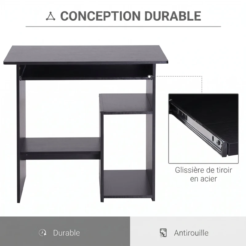 HOMCOM Bureau d'ordinateur, bureau avec rangement, plateau pour clavier et support de moniteur, 80 x 45 x 75 cm, noir
