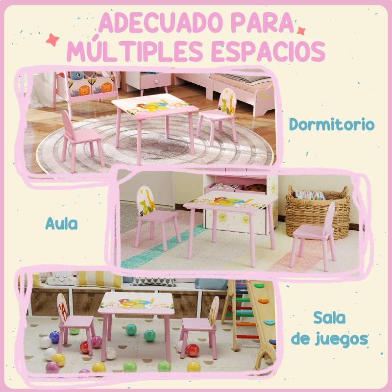 AIYAPLAY Mesa Infantil con 2 Sillas Mesa y Sillas Infantil con Estampados de Animales para Niños y Niñas de 3-8 Años Rosa