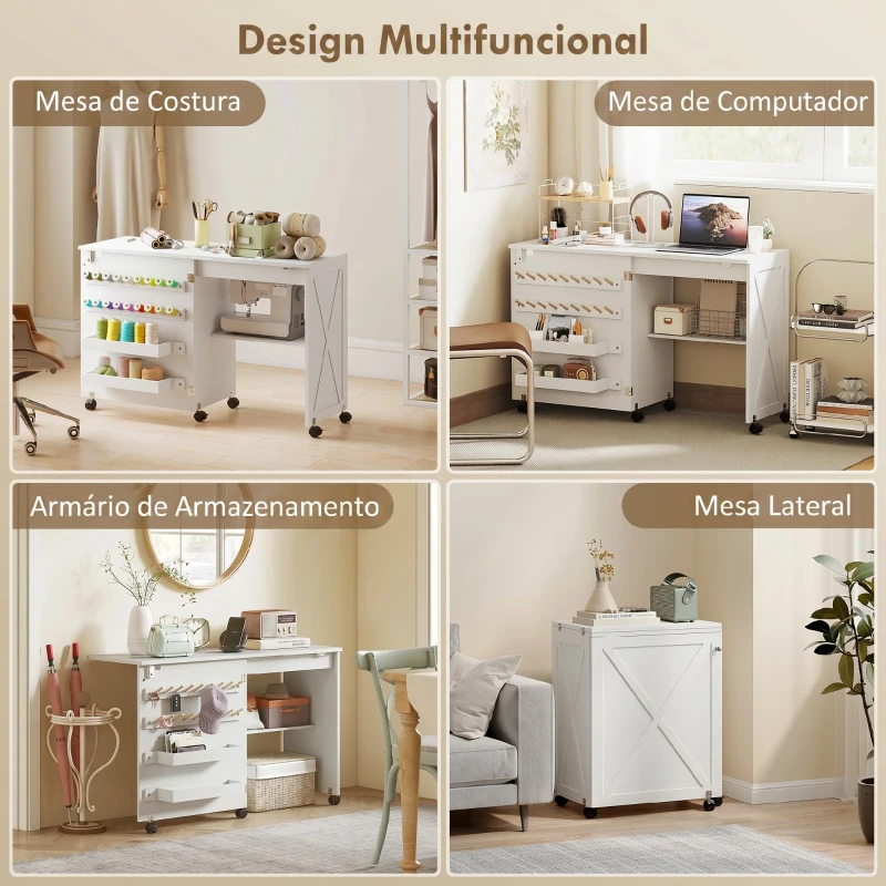 HOMCOM Mesa para Máquina de Costura Dobrável com Porta Magnética, 2 Compartimentos, Prateleira, 18 Suportes para Linhas, 5 Rodas, Branco