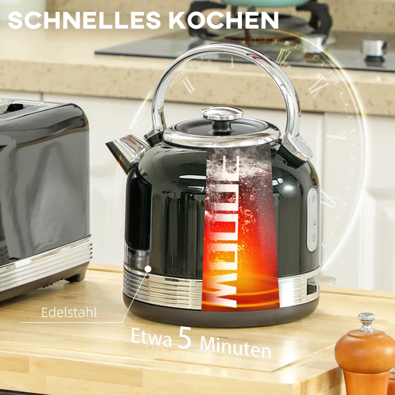 HOMCOM Waterkoker- en Broodrooster-set, 7 Bruiningsniveaus, 1,7 L, Kunststof, RVS, Zwart
