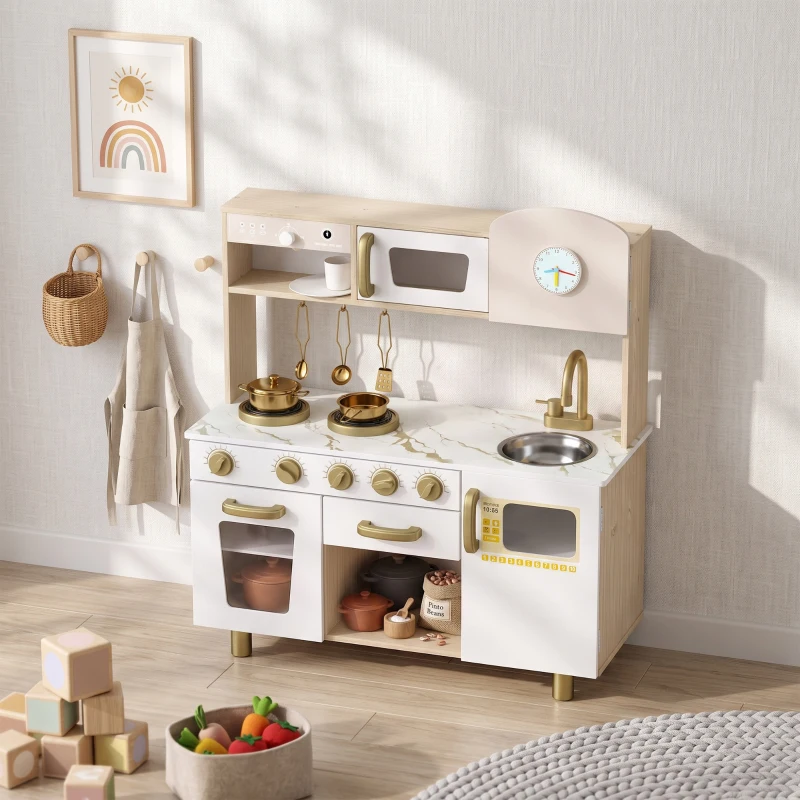 AIYAPLAY Cuisine Enfant en Bois, Dinette Cuisine Enfant avec Ustensiles en Acier Inoxydable, pour 3 à 6 Ans, 74x29x81cm, Blanc