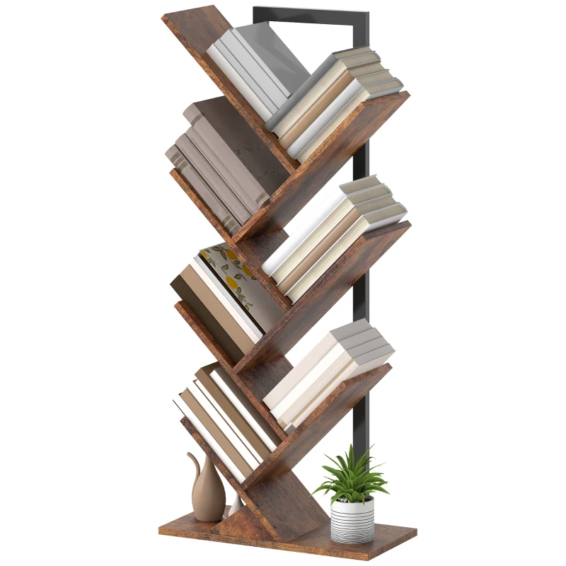 HOMCOM Boekenrek Standrek met 7 Niveaus Smal Rek in Boomvorm voor Kantoor, Rustiek Bruin(m-10)