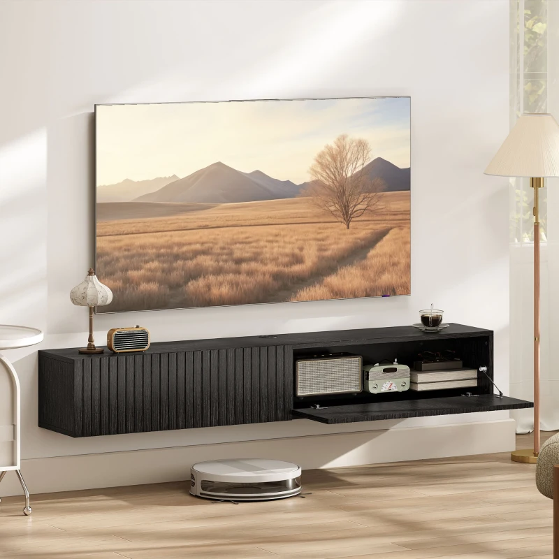 HOMCOM Meuble TV suspendu 140cm, meuble télé pour téléviseur 72 pouces, 2 portes rabattables, 140x25x22cm, noir