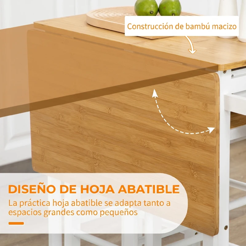 HOMCOM Juego de Mesa Alta de Bar y 2 Taburetes con Ruedas Mesa Plegable de Cocina con Taburetes 86x75,5x83,5 cm Natural