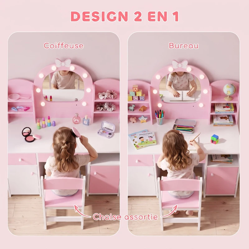AIYAPLAY Coiffeuse pour Enfants avec Tabouret et Miroir Lumineux à 2 Couleurs en Acrylique, pour 3-8 Ans, 90 x 41 x 104 cm, Rose