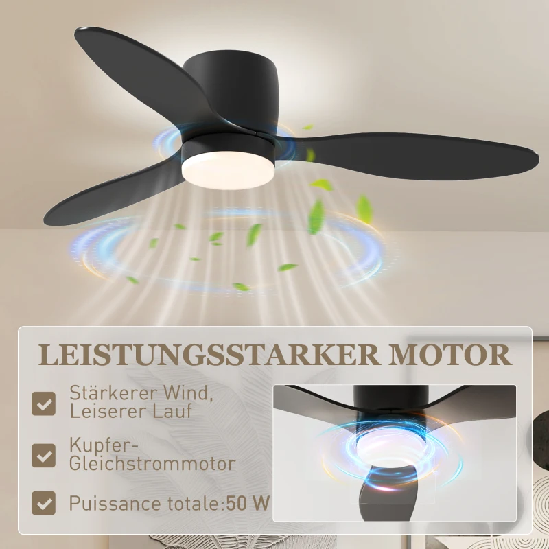 HOMCOM Plafondventilator met Lamp en Afstandsbediening, 3 Lichtkleuren, 6 Snelheden, Instelbare Helderheid, Zwart