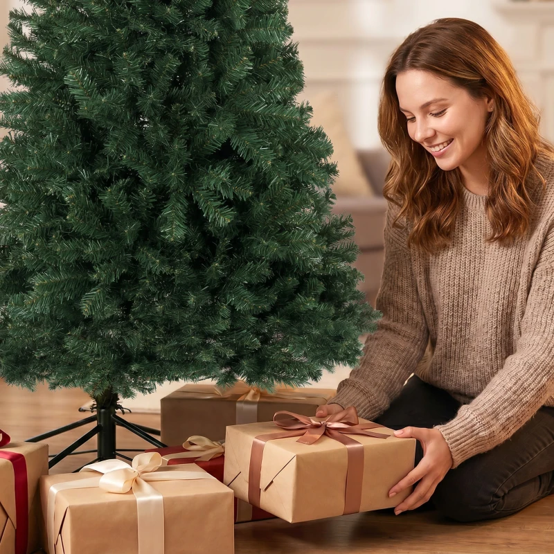 HOMCOM Árbol de Navidad Artificial 180 cm con 888 Ramas Ignífugas Base Metálica Plegable Verde