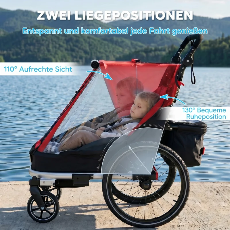 AIYAPLAY Fahrradanhänger für Kinder, 2-Sitzer, 2-in-1 faltbarer Kinderfahrradanhänger mit verstellbarem Sitz und Gurten, Rot