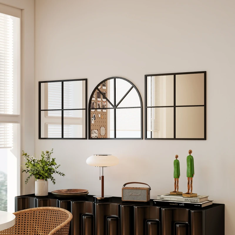 HOMCOM Wandspiegel driedelig, boogvormige spiegel met metalen frame, decoratief 60 x 2 x 180 cm Zwart