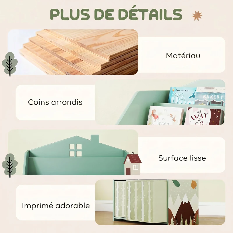 AIYAPLAY Meuble rangement enfant, bibliothèque enfants avec étagères ouvertes et 2 tiroirs en tissu, MDF, vert