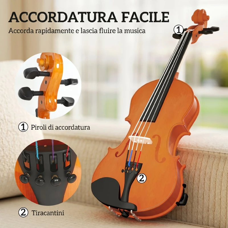 HOMCOM Violino 4/4 in Legno per Principianti e Adulti con Custodia, Arco, Spalliera e Pece, Manico e Testa in Acero, Nero