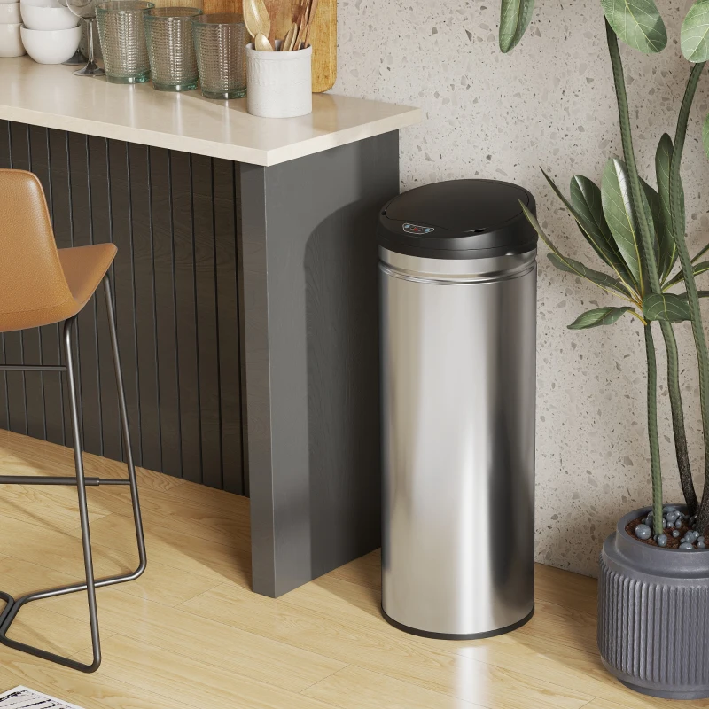 HOMCOM 50 Liter Sensor-Prullenbak met Soft-Close-Functie, contactloze Vuilnisbak van Roestvrij Staal voor hygiënische Keukens, Kantoren, Zilverkleurig(m-9)