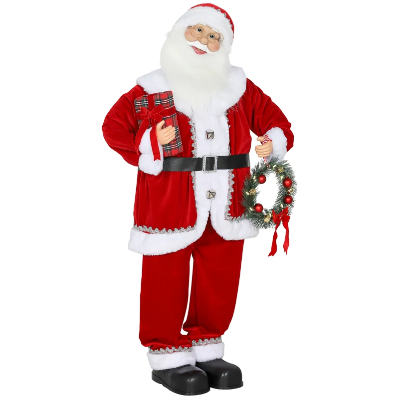 HOMCOM Kerstman, Kerstdecoratie, 120 cm, buigbare armen, met cadeau & kerstkrans, geluidsactivatie, Rood