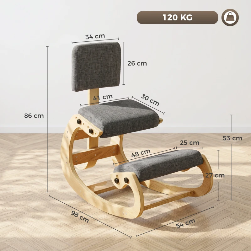HOMCOM Scaun Ergonomic pentru Genunchi cu Spatar, Balansoar, Postural, In si Lemn Mesteacan, Gri