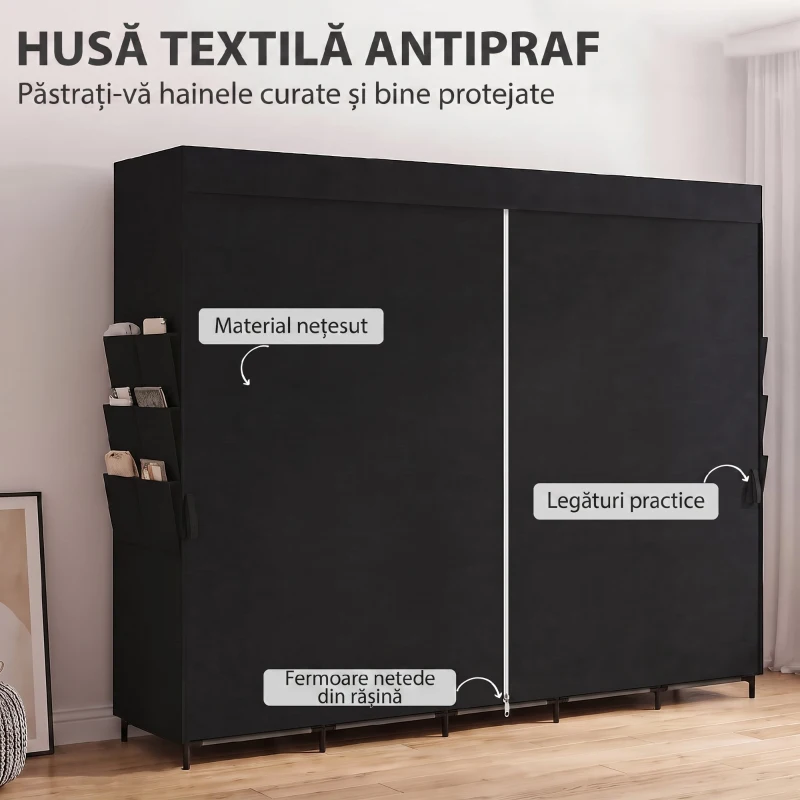HOMCOM Dulap Textil Compact cu 5 Bare, 5 Rafturi, 6 Buzunare Laterale, Uși Anti-Praf cu Fermoar, Negru