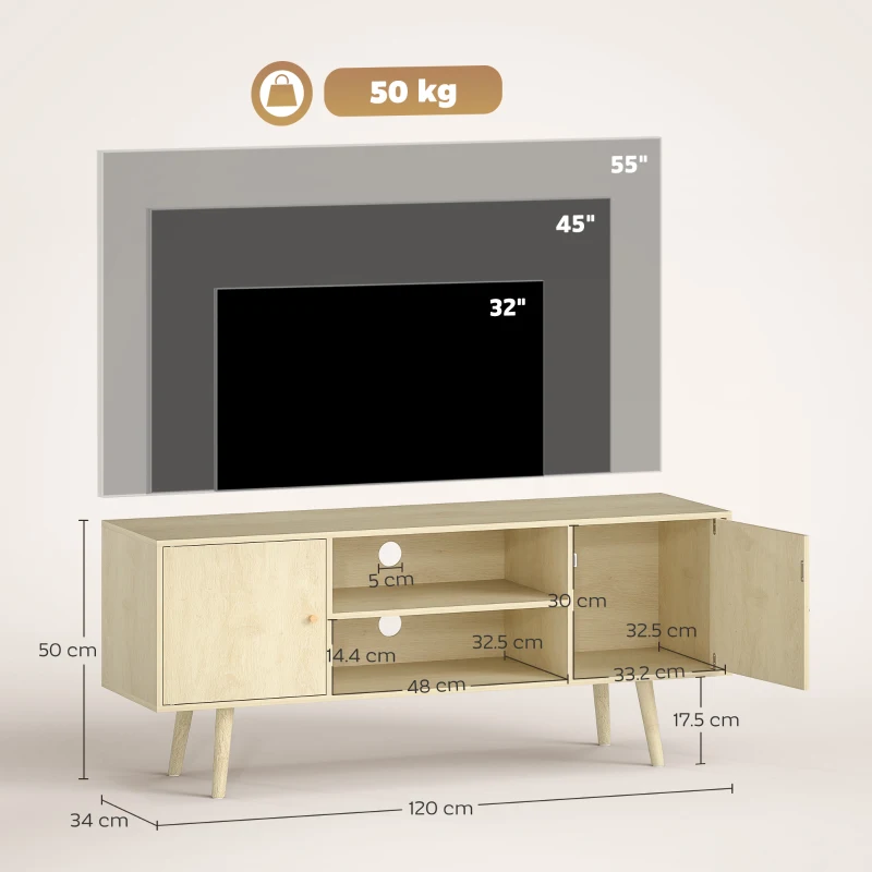 HOMCOM Comodă TV pentru Televizoare de Până la 55", cu 2 Dulapuri și 2 Rafturi, Culoare Lemn
