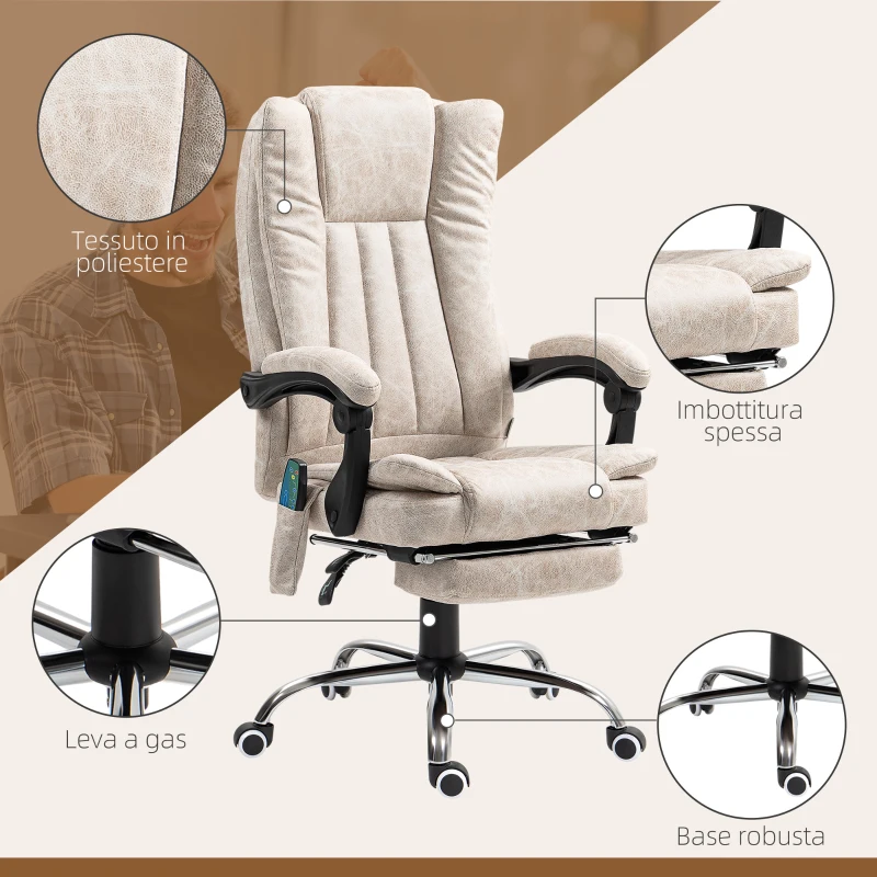 Vinsetto Sedia da Ufficio Massaggiante e Riscaldante con Poggiapiedi, in Microfibra, 62x67x113-120 cm, Crema