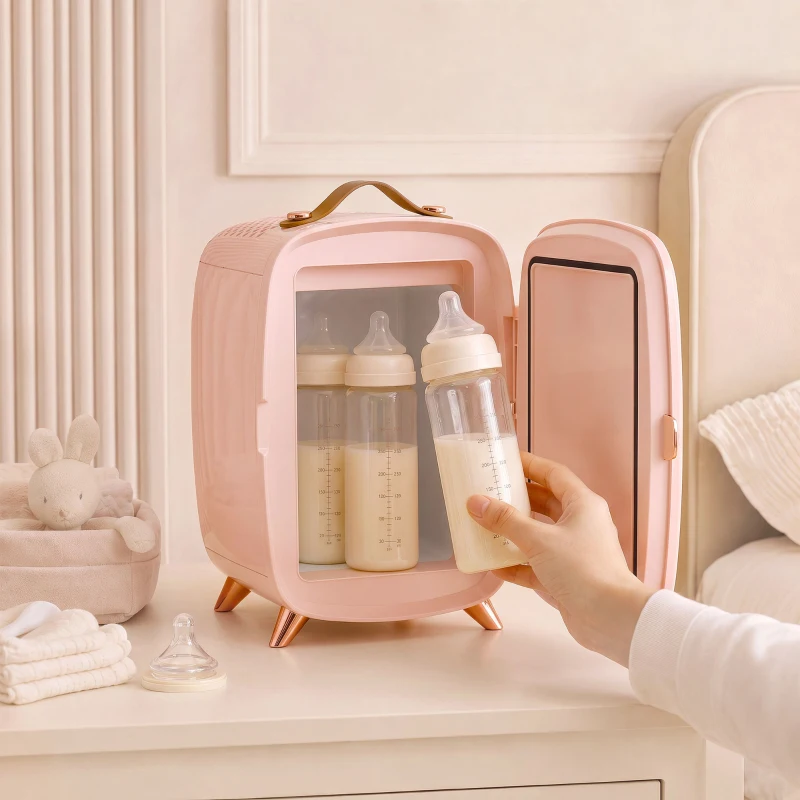 HOMCOM Mini Frigorífico para Cosméticos com 6 L Porta com Espelho e Luzes LED Ajustáveis Rosa 24,3x19,4x35,6 cm
