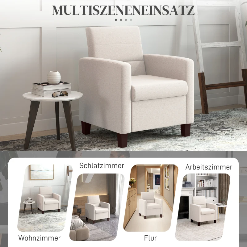 HOMCOM Polsterfauteuil in Linnenlook, Schuim, Zitkussen, Houten Frame, Crème