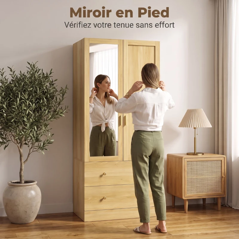 HOMCOM Armoire chambre penderie avec miroir, 2 portes, 2 tiroirs et barre de suspension, 80 x 50 x 180 cm, chêne
