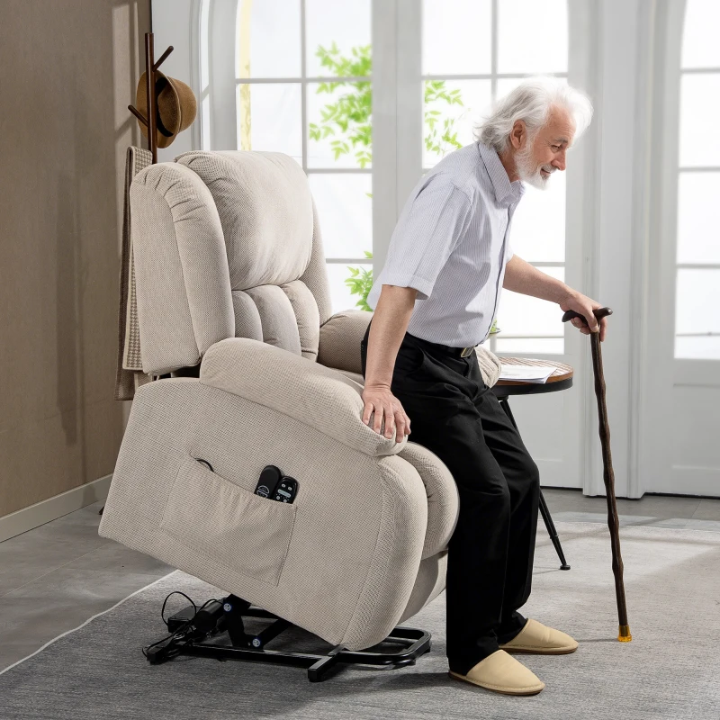 HOMCOM Fernsehsessel mit Massage- und Wärmefunktion, Elektrischer Aufsteh-Sessel, Fernbedienung, Seitentaschen, Beige