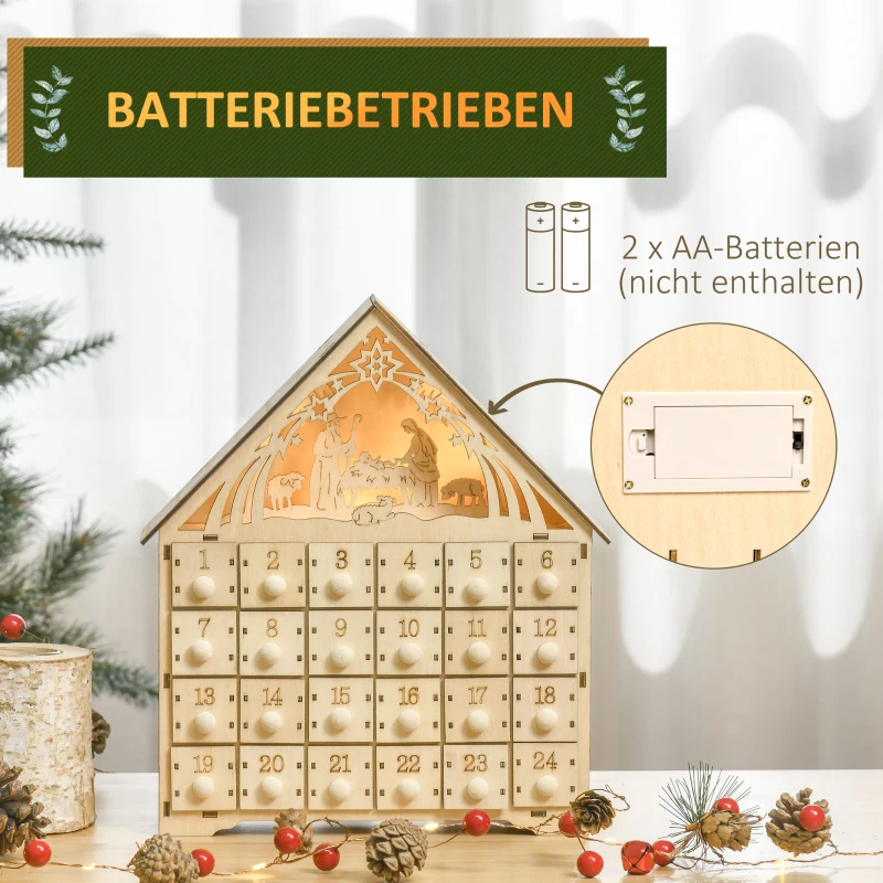HOMCOM Adventskalender met LED-verlichting, 24 Laden, Kerststalscène, 26,6x6x30 cm, Houtlook