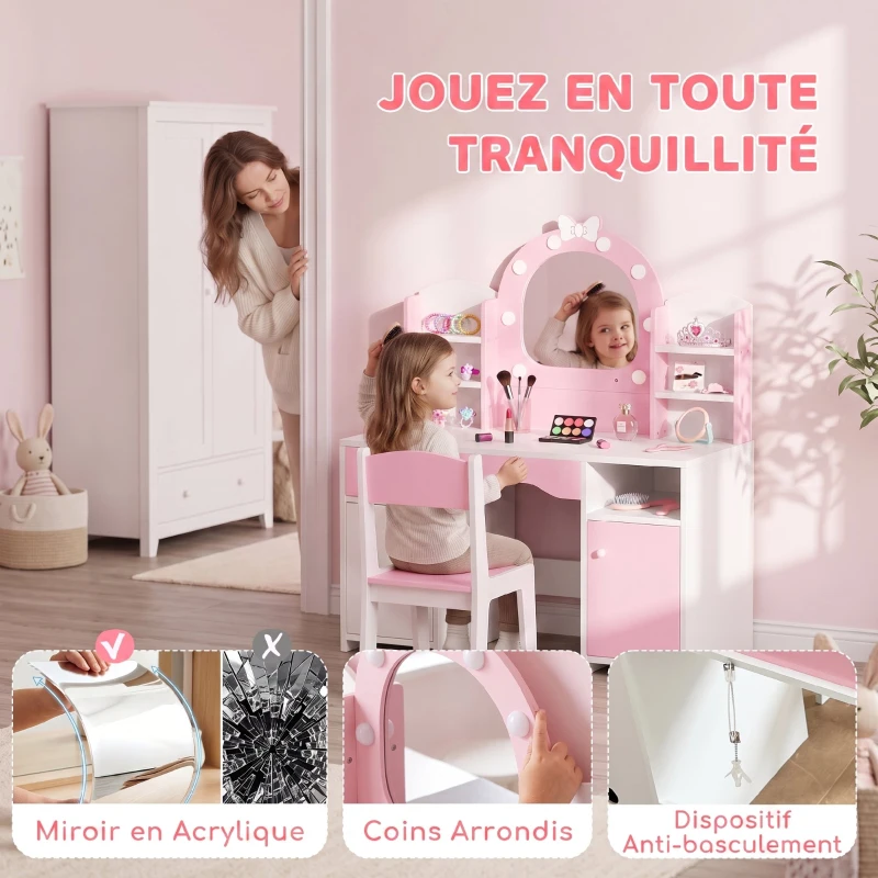 AIYAPLAY Coiffeuse pour Enfants avec Tabouret et Miroir Lumineux à 2 Couleurs en Acrylique, pour 3-8 Ans, 90 x 41 x 104 cm, Rose