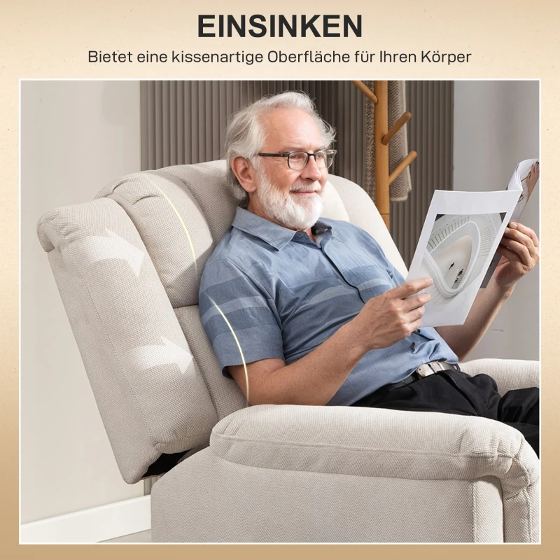 HOMCOM Powerlift Stoel, Massagstoel met Verwarmingsfunctie, Gepolsterde Stoel met Voetsteun, Zijvak, Stoffen Bekleding, Beige