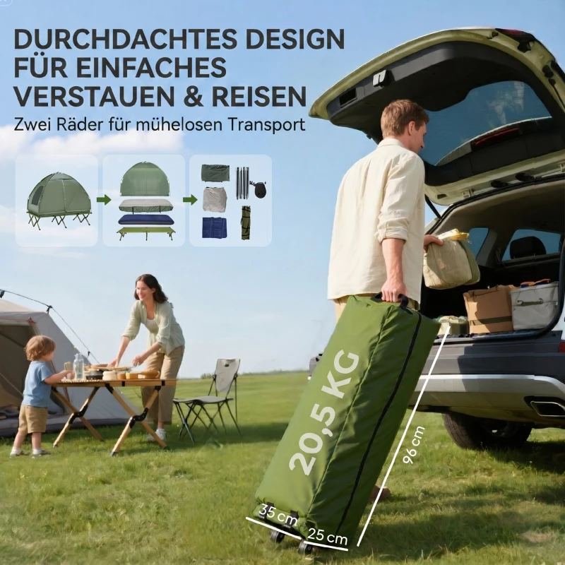 Outsunny Campingzelt-Set für 2 Personen mit Feldbett und Luftmatratze Grün