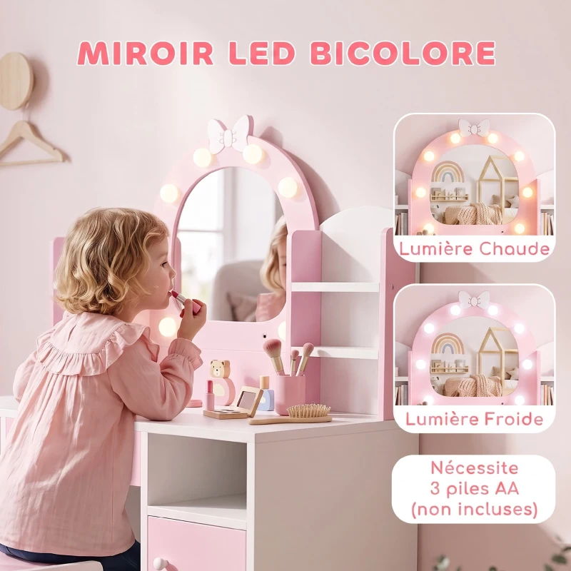 AIYAPLAY Coiffeuse pour Enfants avec Tabouret et Miroir Lumineux à 2 Couleurs en Acrylique, pour 3-8 Ans, 90 x 41 x 104 cm, Rose