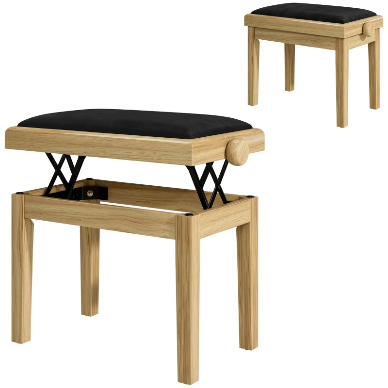 HOMCOM Banco de Piano, Banqueta de Piano Regulável em Altura 45-56 cm, Banco para Teclado, Assento Estofado em Veludo, Madeira Natural