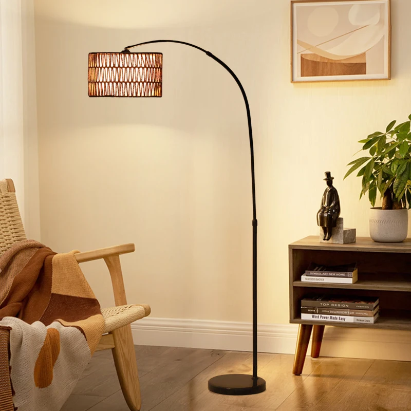 HOMCOM Staande Lamp met Henneptouw Lampenkap, In Hoogte Verstelbaar, Voetschakelaar, Metaal, Zwart