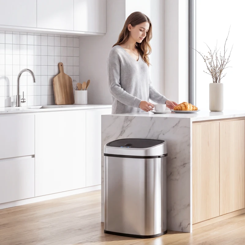 HOMCOM Mülleimer mit Sensor 58L Automatik Abfalleimer mit Bewegungssensor, Wasserdichter Abfallbehälter aus Edelstahl für Küche, Büro, Schlafzimmer Silber