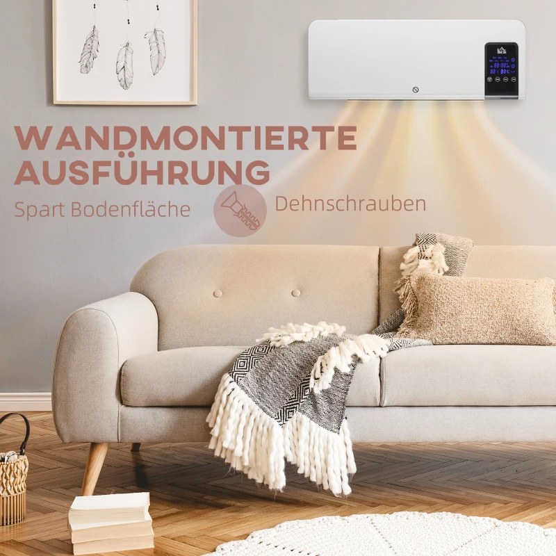 HOMCOM Elektrische verwarming, wandmontage, zwenkfunctie, 2 modi, timer, LED-display, Wit