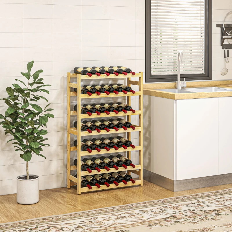HOMCOM Wijnrek, 7 niveaus, voor 42 flessen, kantelbeveiliging, grenenhout, 63x25x102cm, naturel