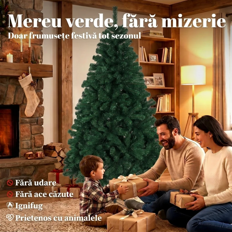 HOMCOM Brad Artificial de Crăciun 180 cm cu 700 Ramuri Ignifuge, Bază din Oțel,100x100x180 cm, Verde