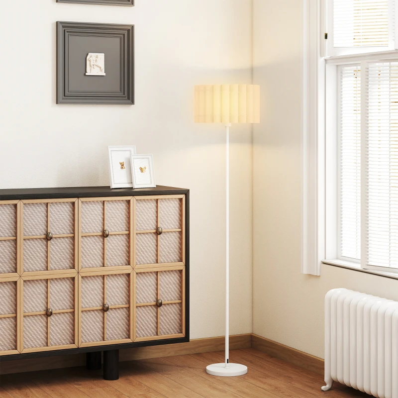 HOMCOM Vloerlamp in retro stijl, kunststof lampenkap, voetschakelaar, metalen staaf, Wit