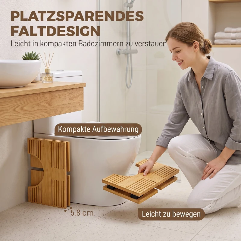 HOMCOM Toilettenhocker Bambus klappbar Badezimmer Hocker Badhocker Rutschfest Klohocker für Erwachsene Zuhause, Eiche