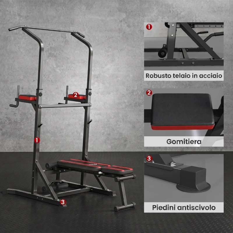 HOMCOM Power Tower Pieghevole con Panca Piana Regolabile, Rack Palestra Multifunzione con Barre per Dip e Trazioni, Altezza Regolabile 7 Livelli, in Acciaio, Allenamento Fitness Casa Palestra, Rosso