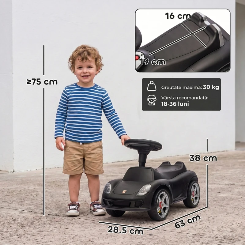 AIYAPLAY Mașinuță de Împins pentru Copii cu Licență Porsche, Claxon, Faruri și Sunet de Pornire, PP, Negru