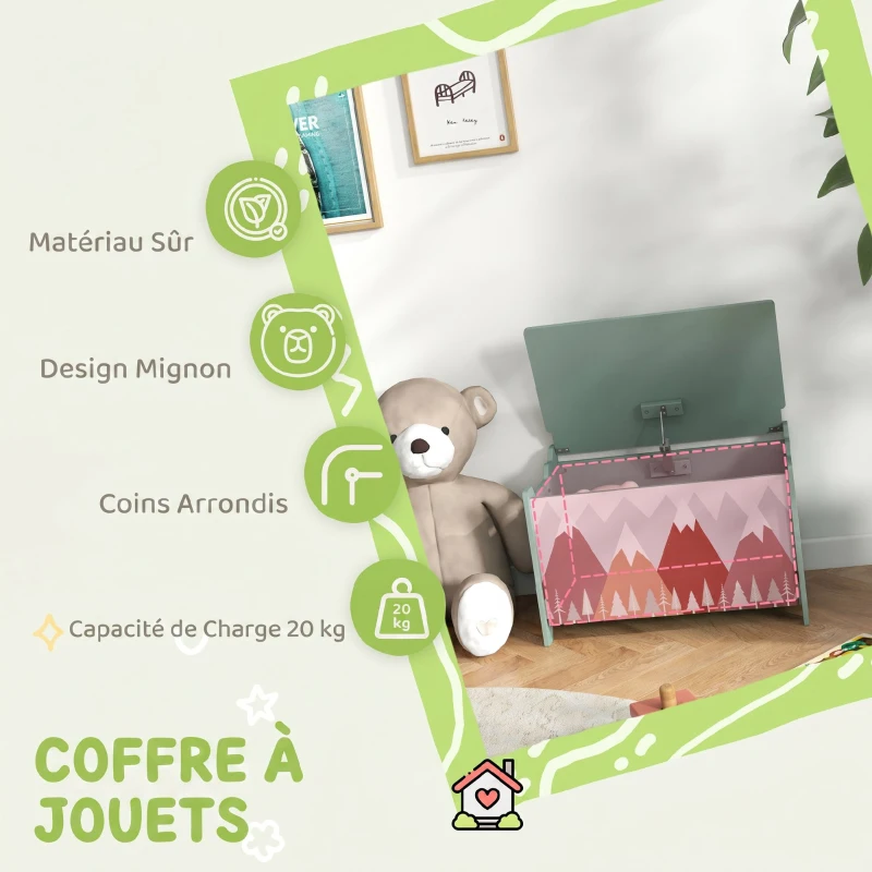 ZONEKIZ Coffre à jouet enfant coffre de rangement enfant couvercle rabattable motif de forêt coins arrondis 60 x 37 x 39 cm vert