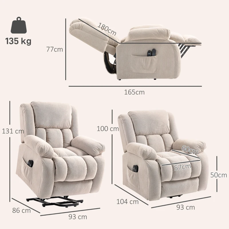 HOMCOM Fernsehsessel mit Massage- und Wärmefunktion, Elektrischer Aufsteh-Sessel, Fernbedienung, Seitentaschen, Beige