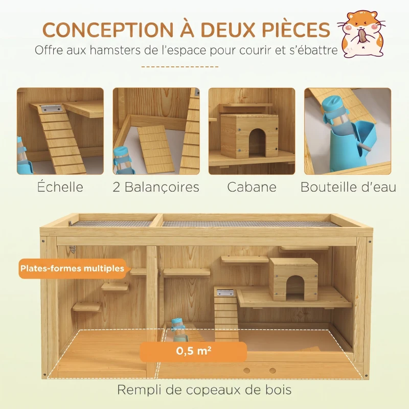 PawHut Cage Hamster Habitat pour Rongeurs Souris Plusieurs Niveaux Plateformes Échelle Balançoires 100 x 50 x 50 cm Naturel