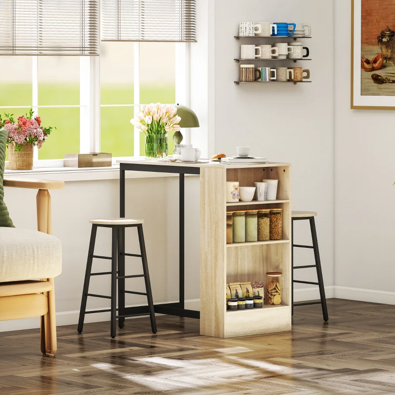 HOMCOM 3-delige Bartafelset, 1 Counter, 2 Stoelen, met Opbergruimte en Voetsteunen, Ruimtebesparend, Lichtbruin+Zwart(m-7)