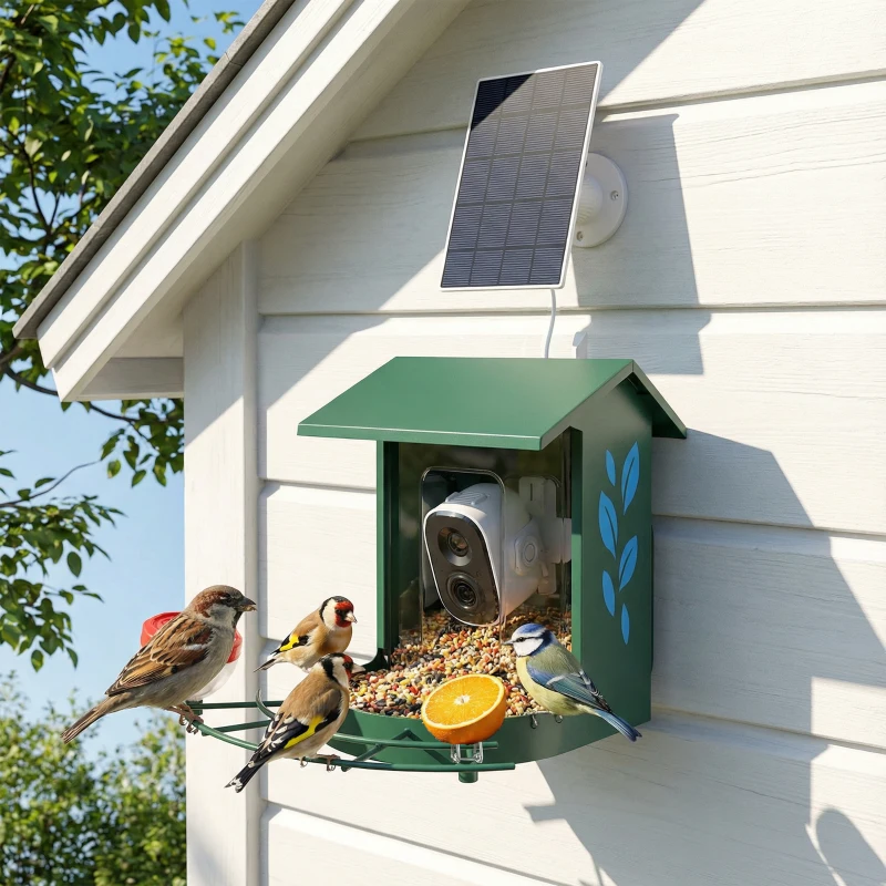PawHut Mangeoire à Oiseaux avec Caméra 2K Solaire 2,5L 142°, Identification IA 16000+, App, IP65, SD 32 Go, 30x34,5x26,3cm Vert