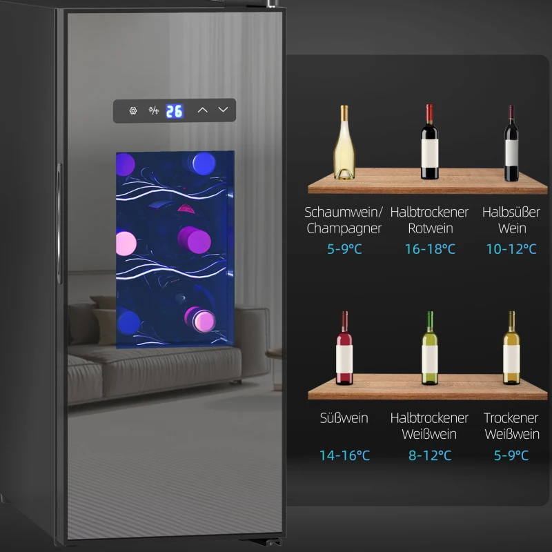 HOMCOM Wijnkoelkast voor 12 flessen, met glazen deur, drankkoelkast met LED-licht, touchscreen, zwart
