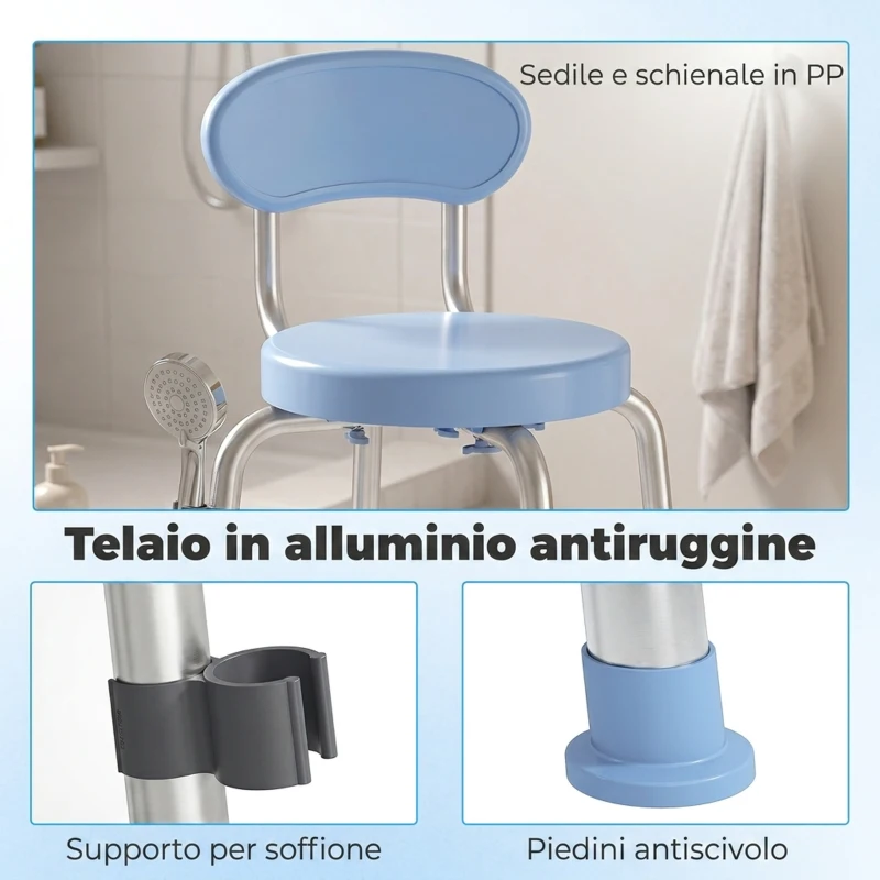 HOMCOM Sedia per Doccia Girevole ad Altezza Regolabile con Schienale, Capacità 150 kg, Celeste
