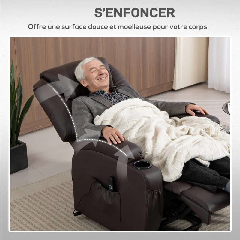 HOMCOM Fauteuil releveur électrique, fauteuil relax électrique, repose-pied, dossier inclinable, port USB, 83x95x107cm, marron