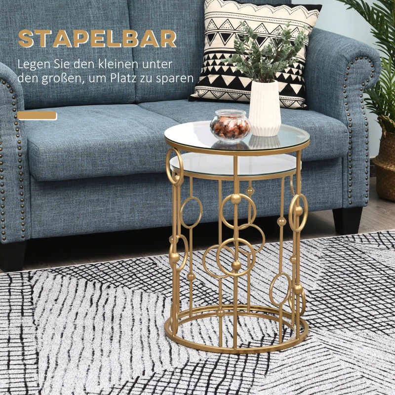 HOMCOM 2-delig Salontafelset, Bijzettafel met Glazen Blad, Woonkamer Tafel met Reifen- en Kogelontwerp Ø41 x 57 cm, Goud