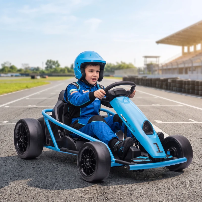HOMCOM Go Kart Eléctrico para Niños, Función de Drift, Bocina, Música, Cinturón de Seguridad, Arranque Suave, Azul/Negro